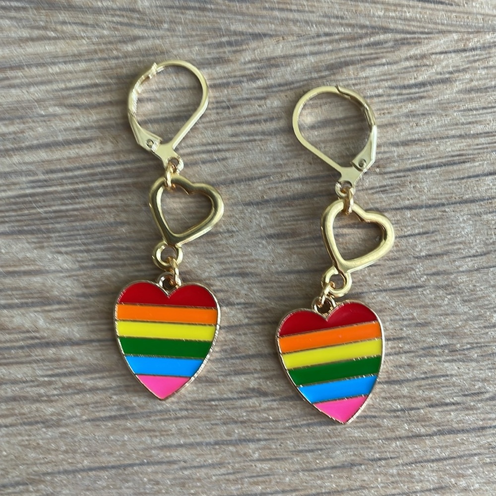 HAND CRAFTED FLOATING HEARTS PRIDE EARRINGS  Pink Blue Green Yellow Orange Red